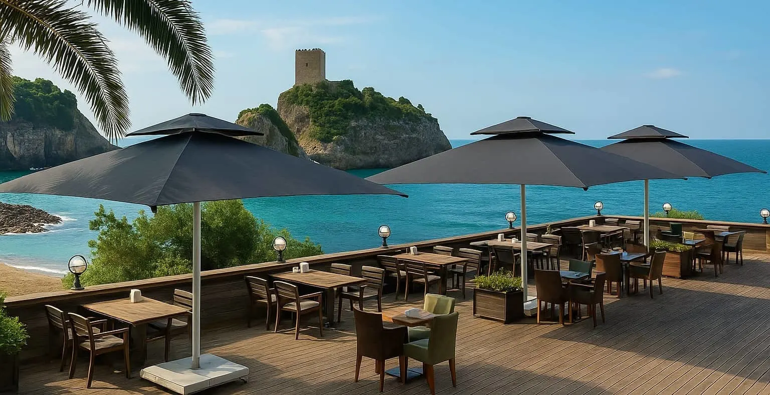 Teleskopik Şemsiye Sistemleri · Gerçek proje uygulaması Teleskopik cafe ve restaurant şemsiye sistemi