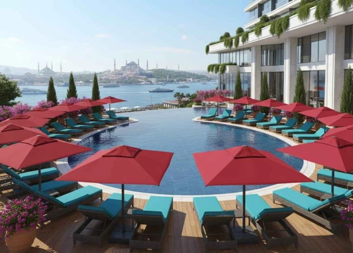 Havuz Şemsiyesi Modelleri · Uygulama alanı görünümü Otel ve villa havuz şemsiyesi modelleri