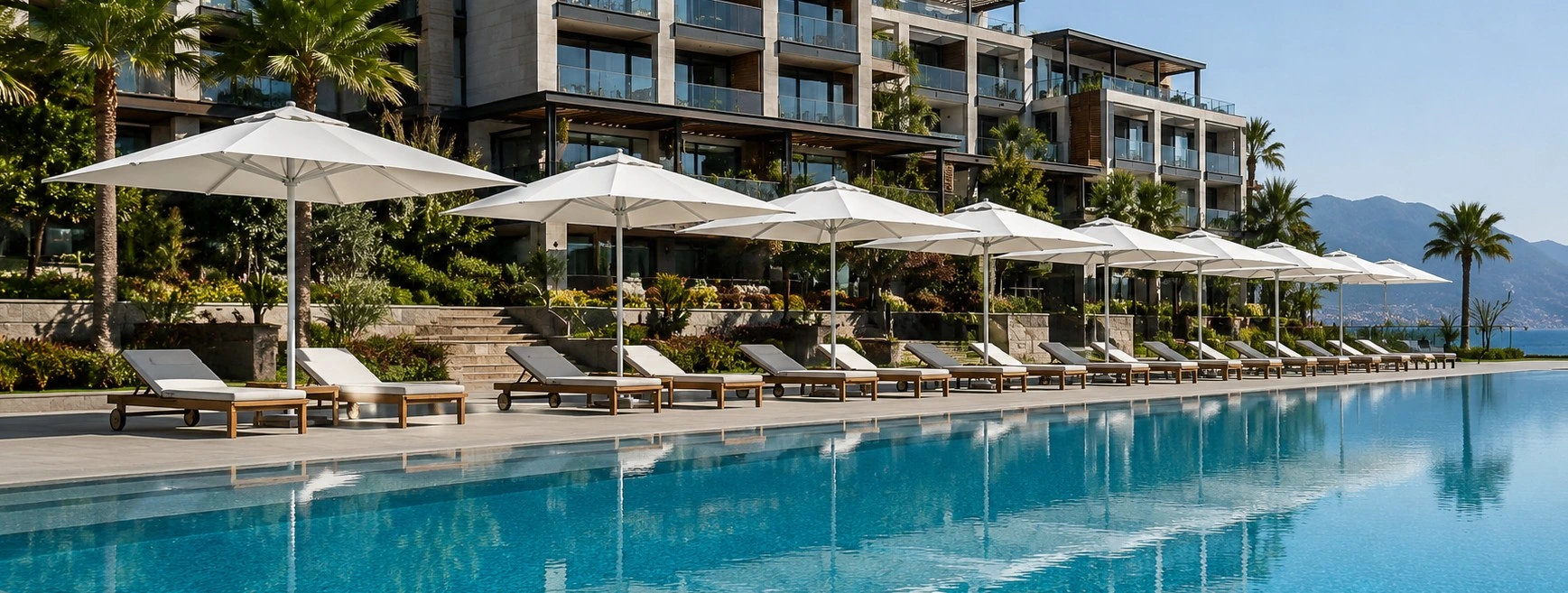 Otel, resort ve villa havuzları için profesyonel havuz şemsiyesi uygulaması Otel havuzu kenarında şezlongları gölgeleyen beyaz havuz şemsiyeleri
