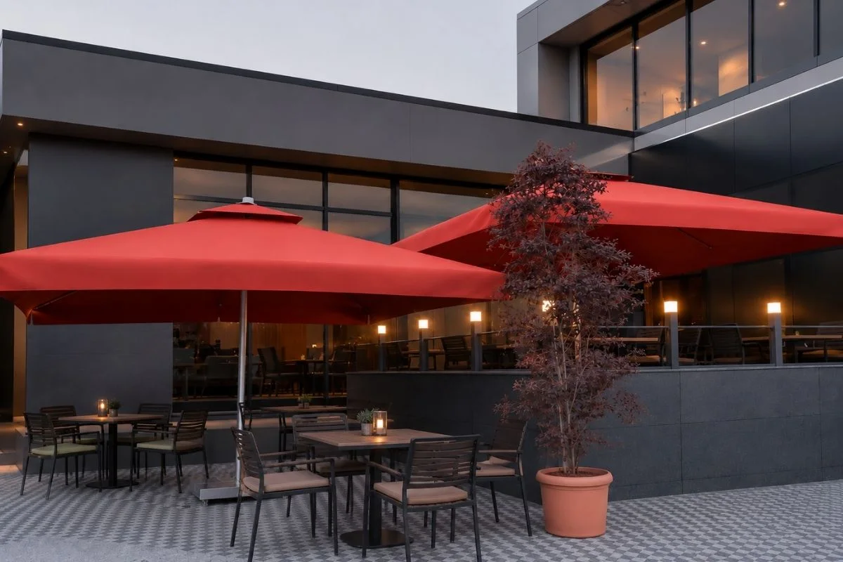 İstanbul Teleskopik Şemsiye | Modern Cafe Terası Projesi İstanbul’da modern cafe terasında kırmızı teleskopik şemsiye sistemleri ve açık alan oturma düzeni