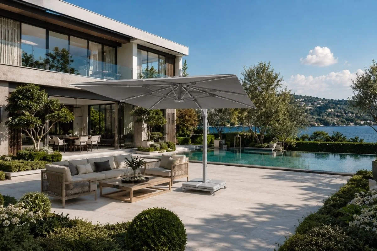 İstanbul Bahçe Şemsiyesi | Lüks Villa ve Havuz Projesi İstanbul’da Boğaz manzaralı villa bahçesinde gri yandan gövdeli bahçe şemsiyesi