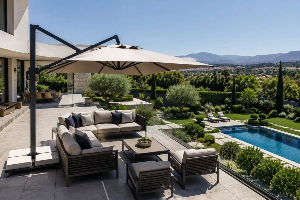 İstanbul’da modern villa terasında antrasit Polo teras şemsiyesi