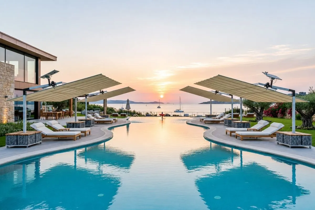 Yatay Açılır Kapanır Şemsiye | Motorlu ve Manuel Açık Alan Sistemi Yatay açılır kapanır şemsiye ile havuz, otel, villa ve restaurant açık alanları için modern gölgelendirme sistemi