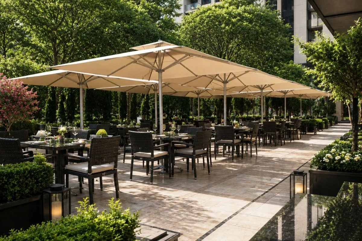 Ankara Restaurant Şemsiyesi | Çayyolu Lüks Açık Alan Gölgelendirme Ankara Çayyolu lüks restaurant açık alanında krem kumaşlı teleskopik şemsiye sistemi