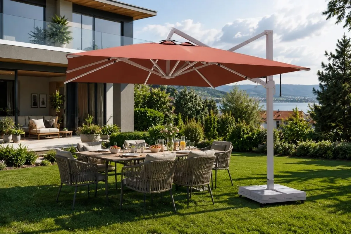 Ankara Bahçe Şemsiyesi | Gölbaşı Villa Bahçesi Gölgelendirme Sistemi Ankara Gölbaşı villa bahçesinde aile yemek alanı için kullanılan yandan gövdeli bahçe şemsiyesi