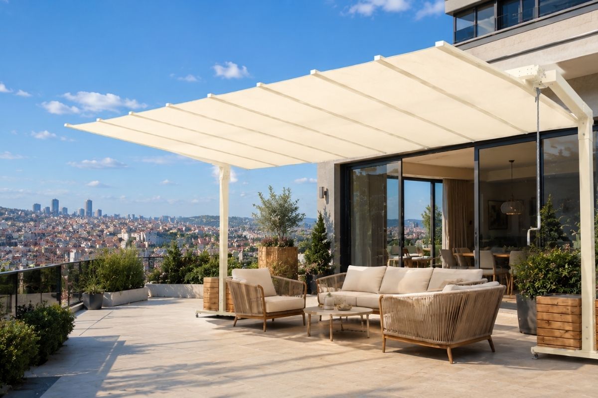 Ankara Teras Şemsiyesi | Krem Kumaşlı Modern Teras Gölgelendirme Ankara teras şemsiyesi ile modern teras oturma alanında krem kumaşlı gölgelendirme sistemi