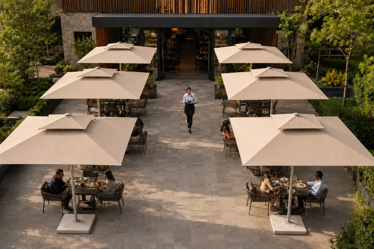 Cafe ve Restaurant Şemsiye Yerleşimi | Polo Şemsiye Mermer ayaklı teleskopik şemsiyelerle planlanmış cafe ve restaurant dış mekân yerleşimi