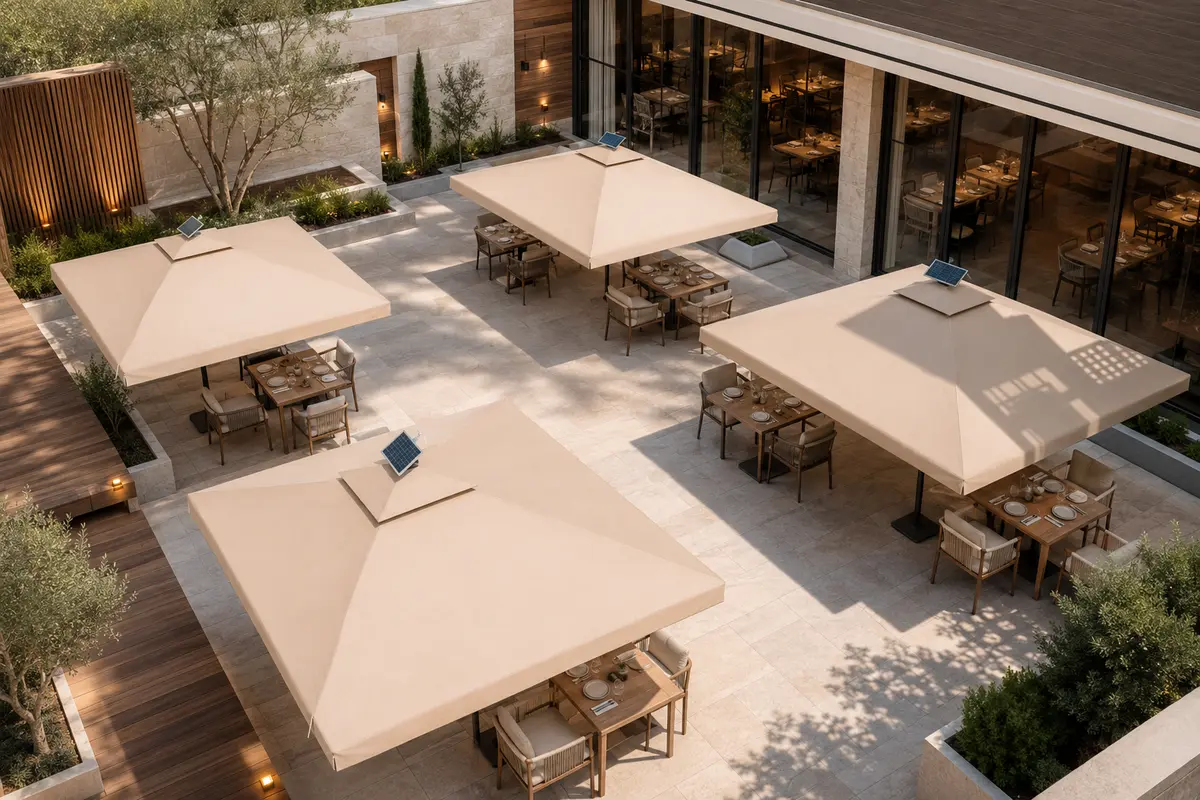 Modern restoran açık alanında uygulanan dört büyük kare, krem kumaşlı ve güneş paneli destekli teleskopik şemsiye projesi. Modern restoran terasında dört krem renkli güneş panelli teleskopik şemsiye