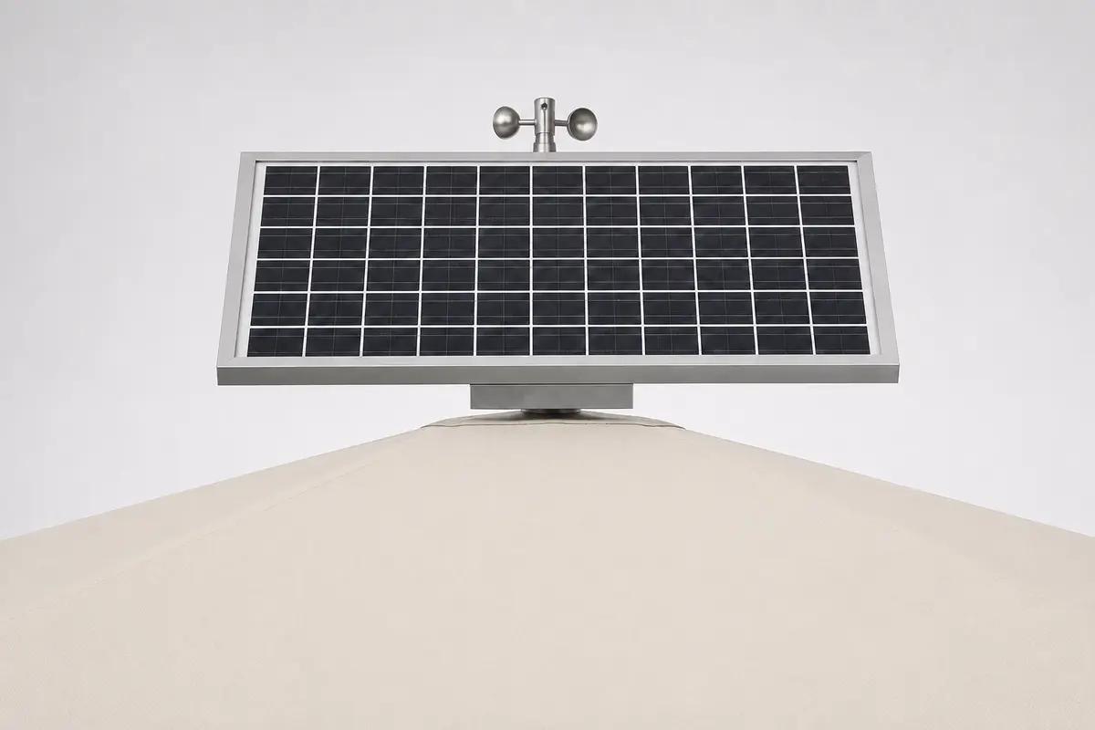 Şemsiye Solar Panel Sistemi, Electra ve Space’te LED aydınlatmayı; Loft modelinde LED veya otomasyonu güneş enerjisiyle destekler. Electra, Space ve Loft şemsiye modelleri için Şemsiye Solar Panel Sistemi