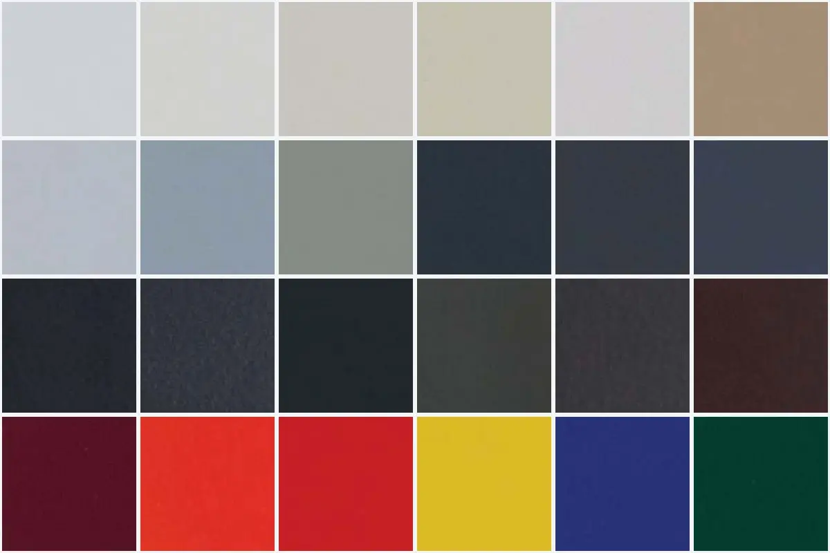 Pulver RAL kartelasından seçilen mat polyester toz boya renklerini karşılaştırın; nihai üretim onayı RAL kodu, Pulver ürün kodu ve fiziksel boyalı metal numune üzerinden verilir. Pulver RAL kartelasından orijinal şemsiye iskelet toz boya renkleri
